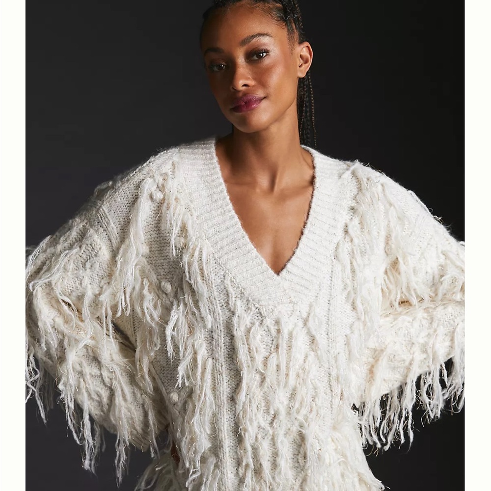 Anthropologie Cozy White Fringed Pullover Sweater
